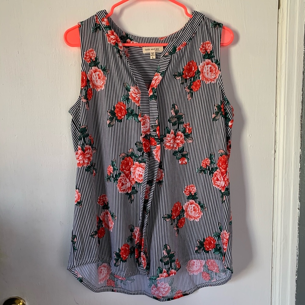 Sleeveless floral top.